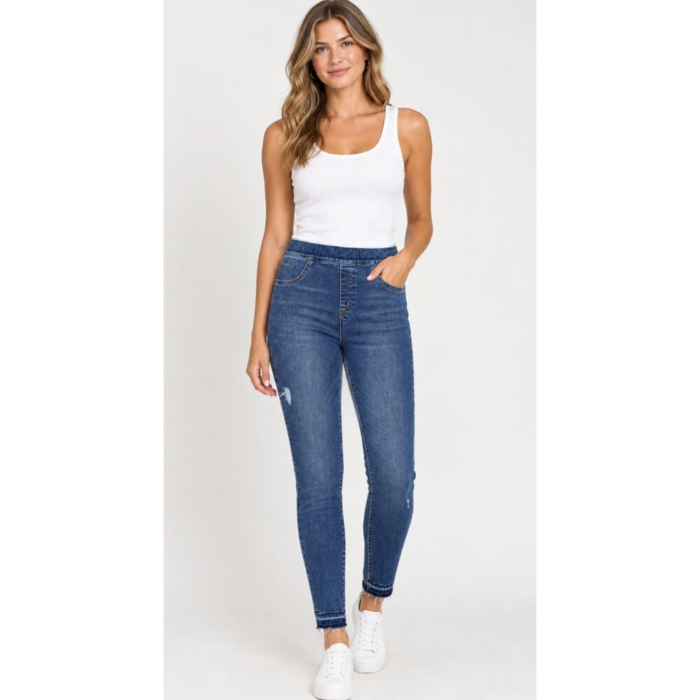 SPANX Distressed Ankle Skinny Jeans High Waist Pull On Raw Hem Womens Size Large